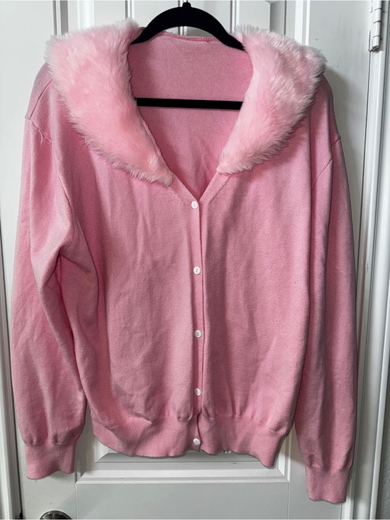 Sweaters - Pink Faux-Fur Collar Cardigan Sweater barbiecore clueless